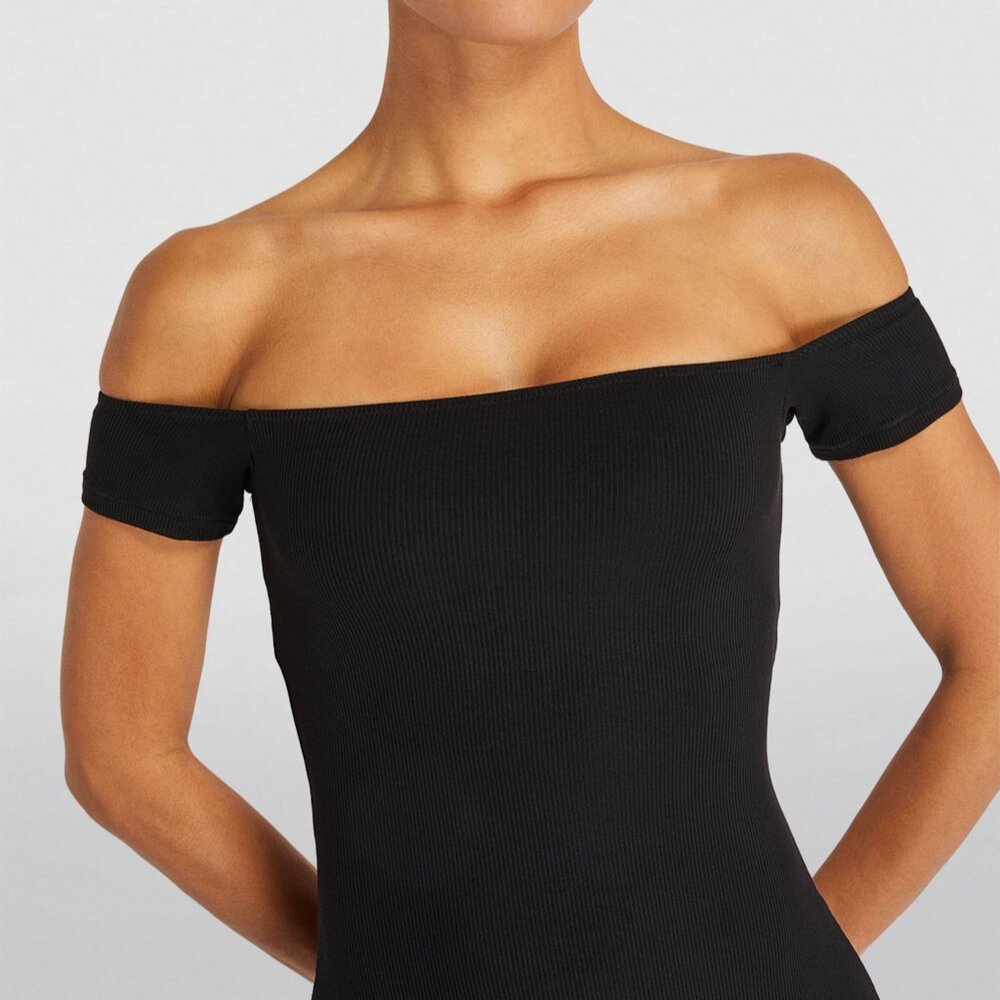 Skims Soft Lounge Ribbed Off Shoulder Black Dress S Long Maxi - Picture 5 of 6